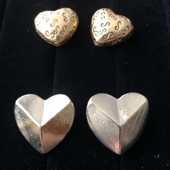 Vintage gold tone heart earring lot- 3 pairs stud etched design, AVON drop style - Picture 6 of 11